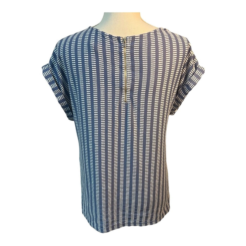 ANTHROPOLOGIE W5 Large Concepts Blue White Geo Stretch Knit Top Made in USA - Picture 2 of 4
